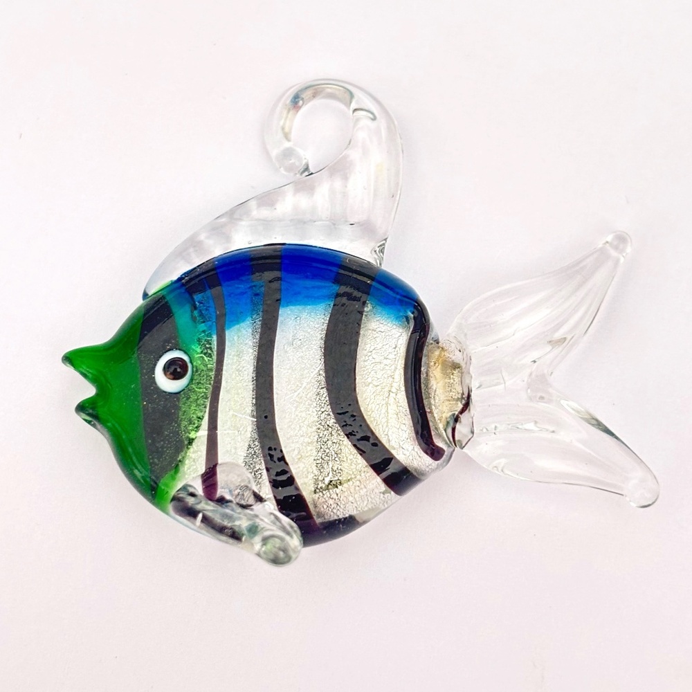 As Low As $2 Green & Royal Blue Handmade SilverLined Lampwork Glass Fish Pendant